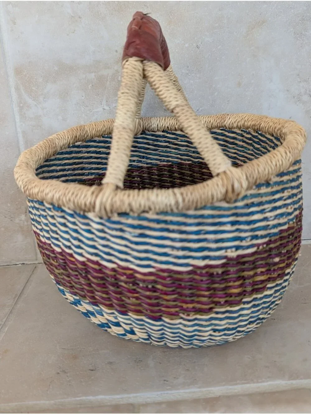 Unique Handwoven African Bolga Basket Leather Handle Multicolor